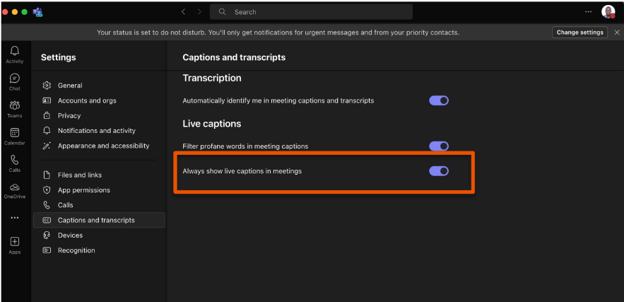 Microsoft Teams settings